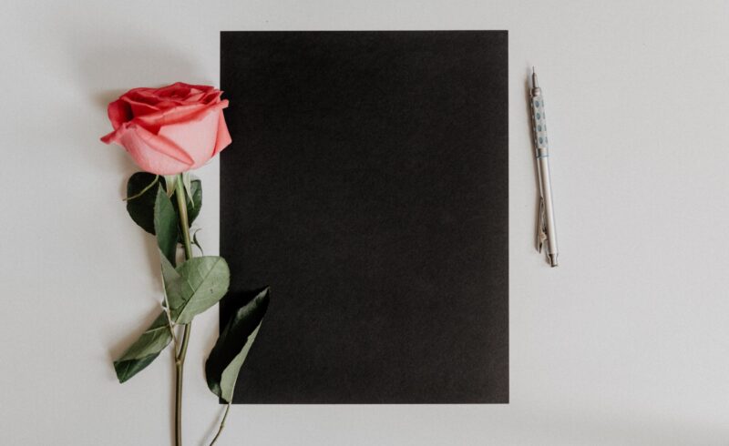 A pink rose next to a Note book and pen for journaling