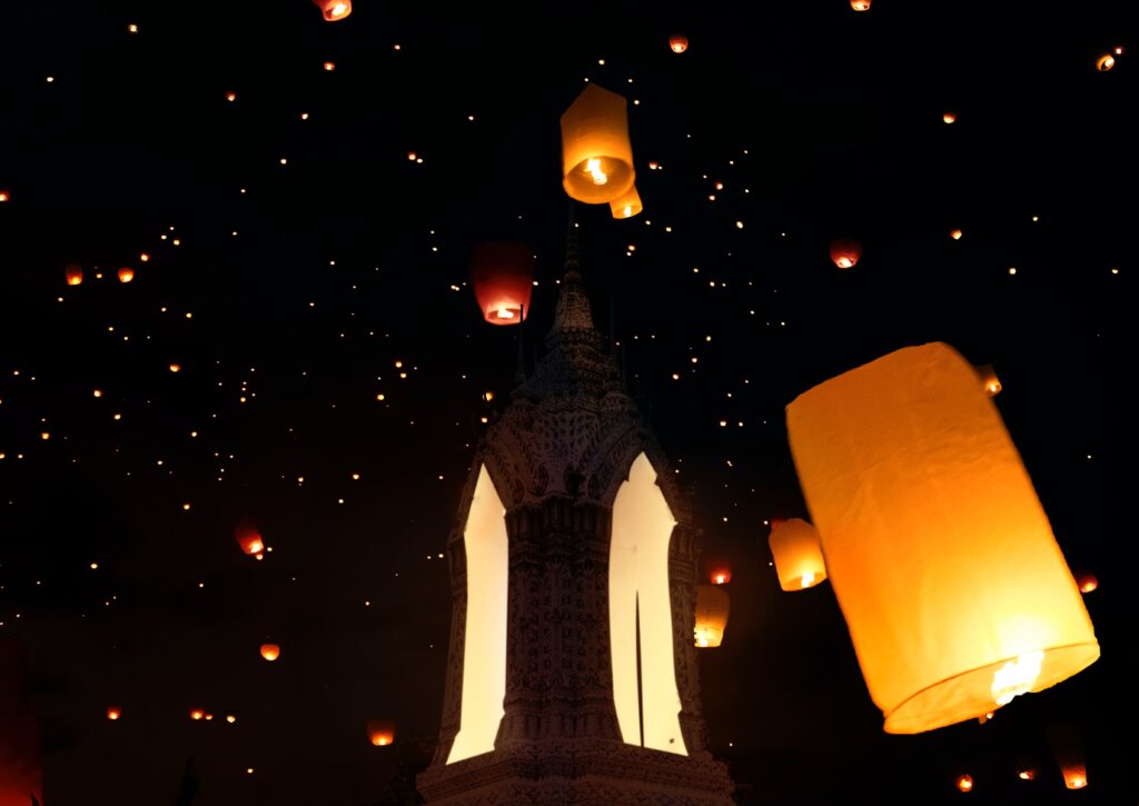 Lanterns in the night sky in Chiang Mai, Thailand