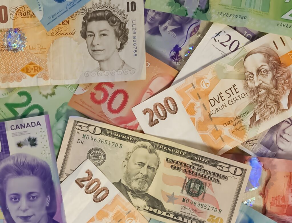 Various money notes from different countries, canada, england, united states