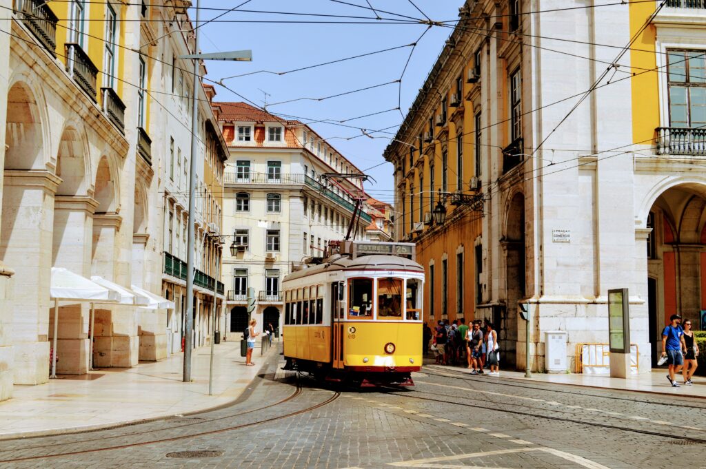 Yellow cable car in the European city of Lisbon