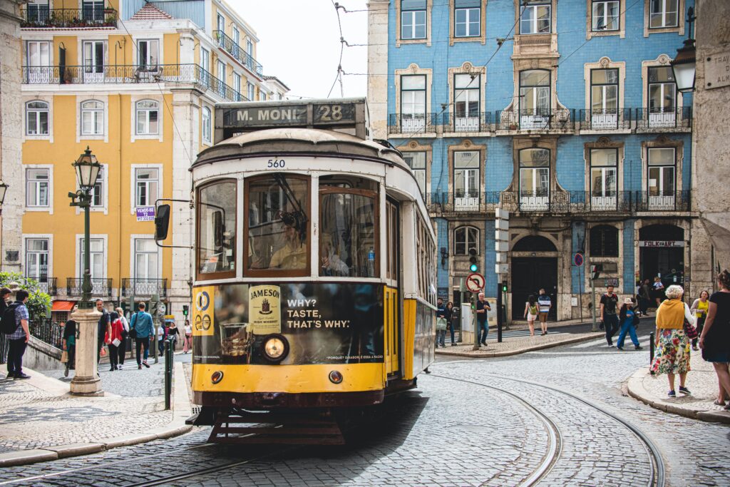 Yellow cable car in Lisbon great for solo travel