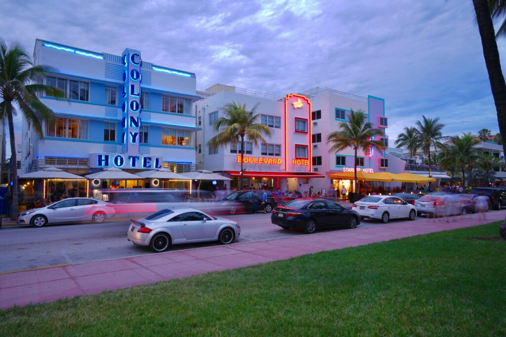 Miami South beach parade with art deco hotels in US